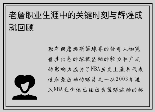 老詹职业生涯中的关键时刻与辉煌成就回顾